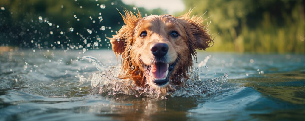 Perro feliz jugando en el agua en la naturaleza